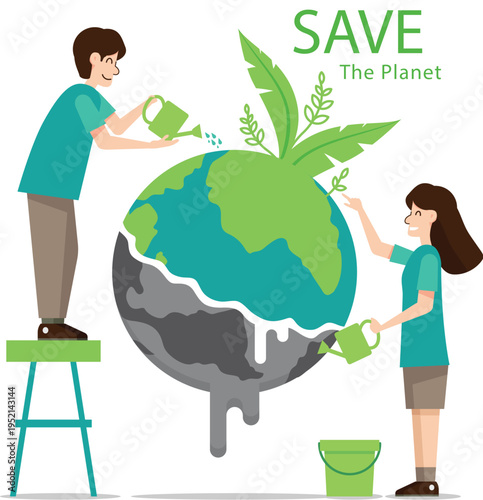 People watering earth globe plant isolated on white background, save the planet and environmental sustainability concept illustration for climate change awareness eco campaign and green business desig