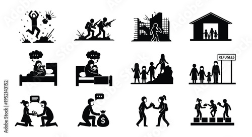 Vector illustration of Various Human Scenes and Emotions in Detailed Silhouette Style