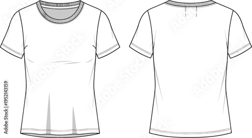 Women basic t shirt technical fashion drawing front and back view, classic short sleeve tee template isolated vector clothing illustration