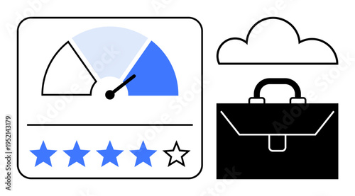 Business strategy, productivity analysis, cloud storage, data management, job performance, success tracking. A dashboard gauge, five-star rating cloud and briefcase icons. Productivity analysis