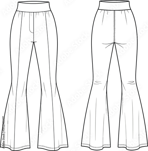 Women flared pants fashion technical drawing front and back view, stylish bell bottom trousers template isolated vector clothing design illustration