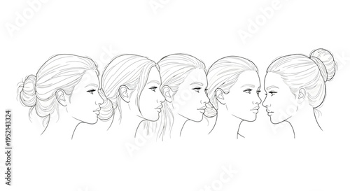 Vector illustration of Five Women with Different Hair Styles Facing Right on White Background