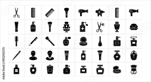Vector illustration of Various Beauty and Haircare Products and Tools on White Background