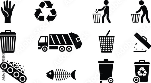Waste management and recycling icons set featuring trash bins garbage truck recycle symbol litter disposal environmental sanitation collection and cleaning vector pictogram pack