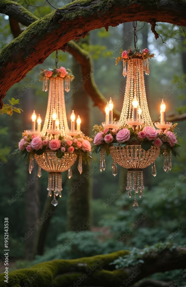 Fototapeta premium Two crystal chandeliers decorated with pink roses hang in a mossy forest. Lights glow on floral adornments creating a magical woodland ambience for events.