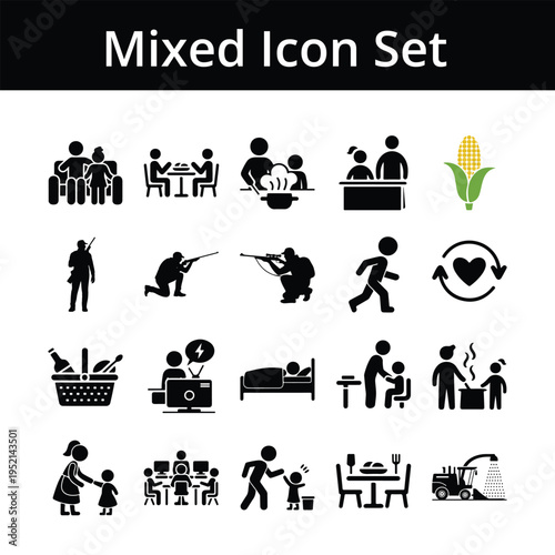 Everyday Life Activities and Professions Icon Set with Food and Family people icons