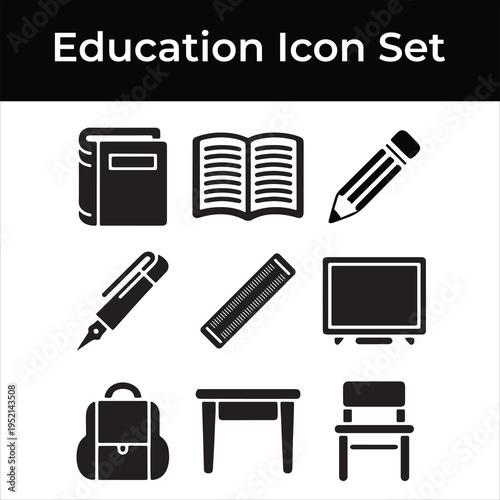 School and Learning Supplies Icon Set with Books and Desk icons