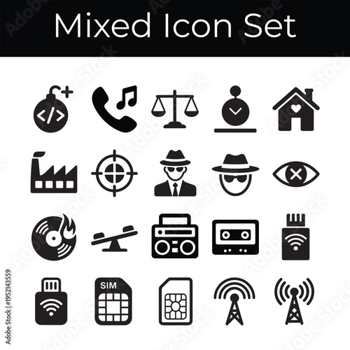 Twenty black icons on a white background depicting technology music law and abstract concepts Keywords: technology