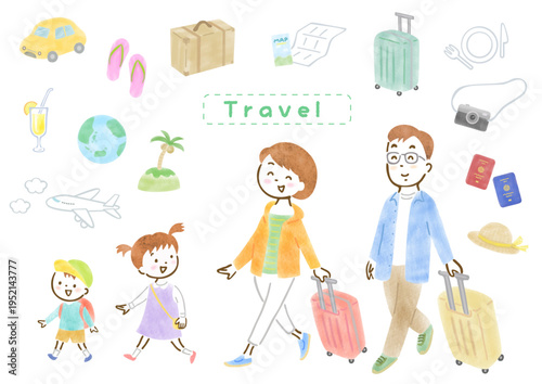 旅行に出かける家族4人と旅行モチーフのイラストセット