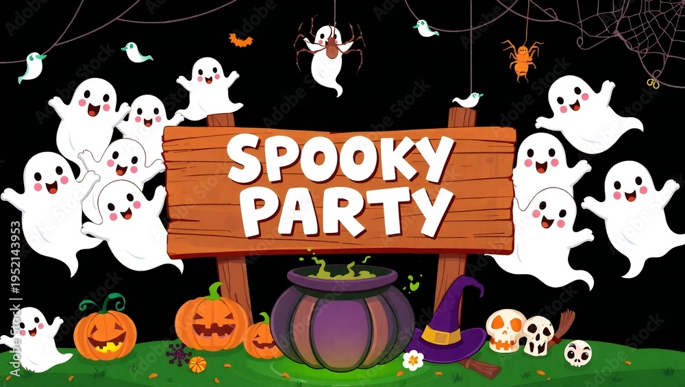 Fototapeta premium Cute cartoon ghosts celebrate a spooky halloween party around a wooden sign