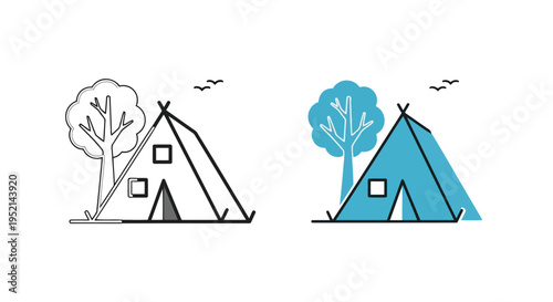Vector illustration of Colorful Tents with Trees and Birds in Modern Flat Style