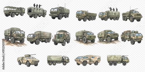 Collection of military vehicles, including trucks, armored personnel carriers, and other transport, on a white background.