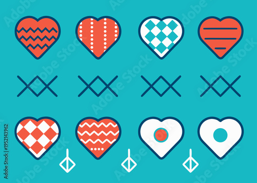 Twelve traditional gingerbread heart icons with various patterns like zigzags and dots arranged in a grid on a turquoise background.