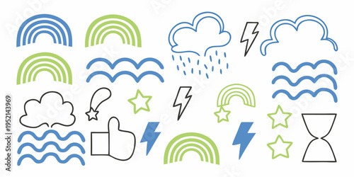 Colorful doodle set featuring rainbows clouds stars and weather symbols