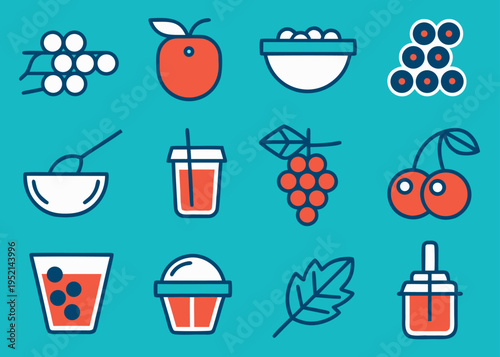 A collection of twelve acai berry and juice icons including fruit clusters bowls and drink cups on a flat turquoise background.
