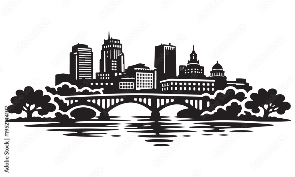Obraz premium Akron Skyline Silhouette with Scenery, Silhouette Vector, Isolated on White Background