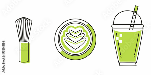 Minimalist illustration of matcha whisk latte art and a beverage