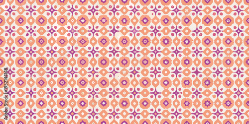 A repeating pattern of orange and purple diamond shapes on white