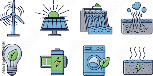 Eco-Friendly Energy Icons Set, Featuring Solar, Wind, Water Power, and Sustainable Technology Symbols for Green Energy and Environment Designs