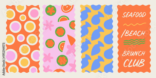 Colorful retro style banner featuring fruit sea life and typography