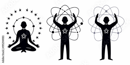 Figures meditating with atomic and stellar representations surrounding them