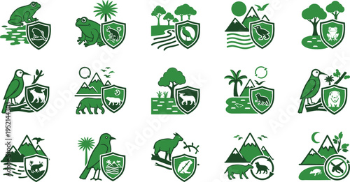 Vector Set of Wildlife and Nature Icons with Shields, Featuring Animals, Mountains, and Trees, Ideal for Environmental and Eco-Friendly Designs