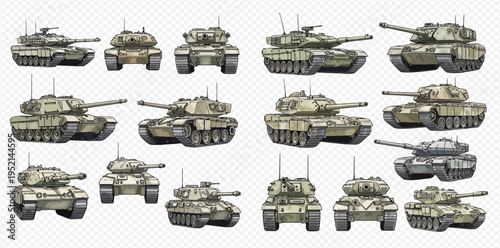 Set of military tanks in various perspectives and sizes, isolated on a transparent background, depicting modern warfare vehicles.