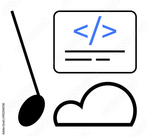 Digital transformation, programming, web development, cloud computing, data integration, technology innovation. Programming code snippet, cloud icon and spoon shape. Programming and cloud computing