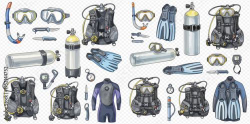 Watercolor illustration of various scuba diving equipment and gear, including masks, snorkels, fins, tanks, and wetsuits, for underwater exploration and adventure.