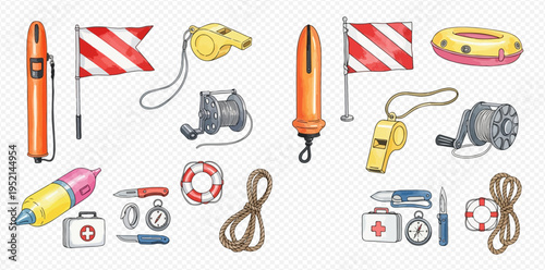 Set of essential rescue equipment for water safety and emergencies, including buoys, flags, whistles, and first aid kits.
