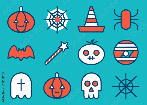 Twelve Halloween icons such as a star wand and a mummy head are illustrated with thick blue outlines on a flat teal colored background.