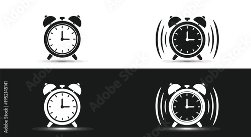 Vector illustration detailed of four alarm clocks on white and black backgrounds ringing
