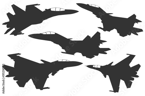 Black and white vector bundle fighter aircraft Sukhoi SU30 with clean structured design. SU-30 silhouette collection across multiple view angles. Monochrome interceptor jet asset from russia.