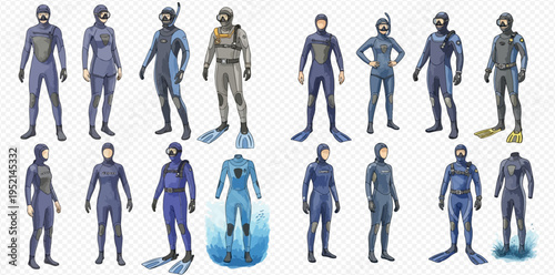 Collection of various wetsuits and diving gear for men and women, including masks, snorkels, and fins, for water sports and underwater exploration.