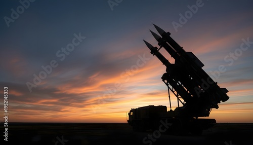 The missiles are aimed to the sky at sunset. Nuclear bomb, chemical weapons, missile defense, a system of salvo fire.