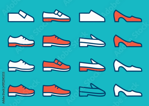 A collection of sixteen side view shoe icons including loafers and high heels with orange and white colors is shown on a teal background.