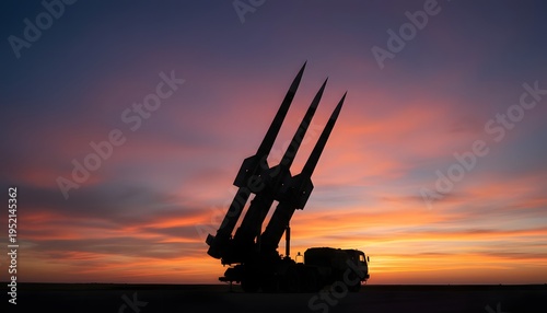 The missiles are aimed to the sky at sunset. Nuclear bomb, chemical weapons, missile defense, a system of salvo fire.