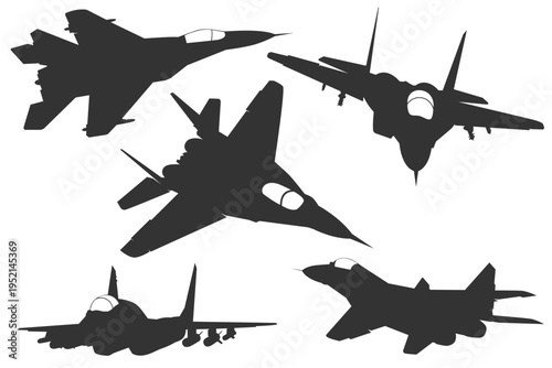 Bundle jet design MIG-29 in black and white colour Monochrome asset mig29 aircraft from russia. Cold war plane jet with various angle in silhouette style.