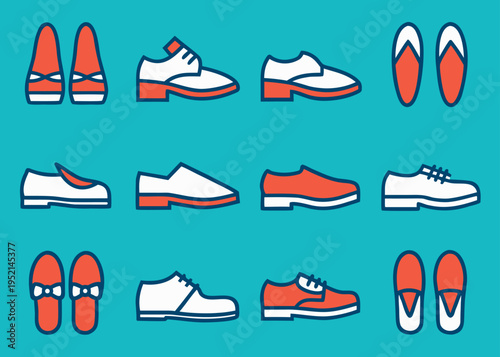 Twelve shoe icons including pairs viewed from above and side profile loafers are arranged in a grid over a flat teal background.