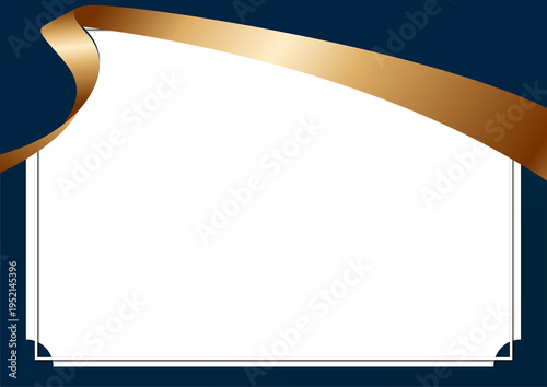 Elegant white certificate background frame with a flowing golden ribbon on a dark blue background