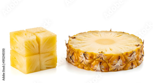 Pineapple chunks and slice on white background