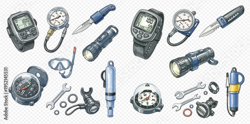 Collection of scuba diving equipment and accessories for underwater exploration and safety.