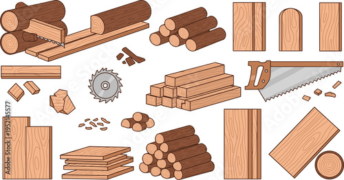 Woodworking and Lumber Collection with Timber Logs, Wooden Planks, Carpentry Tools, and Sawmill Elements Isolated Vector Illustration Set