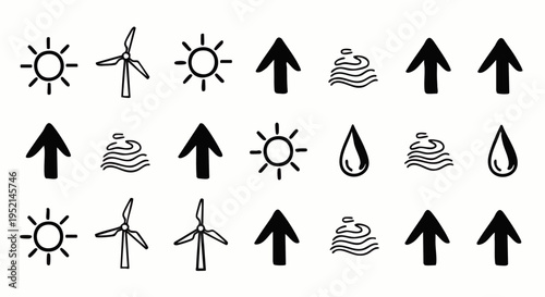 Abstract grid of environmental and energy icons featuring sun, wind turbines, water, and arrows, symbolizing renewable resources and progress.