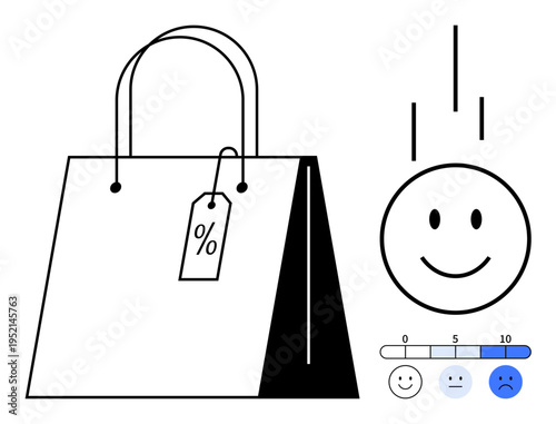 Shopping concept. Shopping bag with discount tag and customer satisfaction scale happy faces. Shopping influences satisfaction in retail and marketing. For e-commerce, sales analysis, and feedback