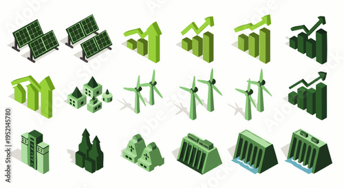 Isometric green icons for renewable energy, sustainable development, and environmental progress. Includes solar panels, wind turbines, dams, eco-buildings, and growth charts.