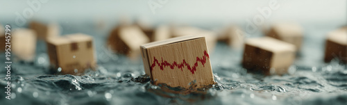 Box Afloat: A solitary box, adorned with a vibrant red line, navigates the stormy water alongside other similar objects. a conceptual representation of perseverance and resilience amid challenges.