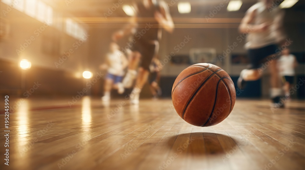 Naklejka premium Basketball rolling on polished wooden floor in gymnasium with players in motion blurred in the background during a practice session or game