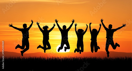 Group of friends celebrating joyfully at sunset jumping in the air.