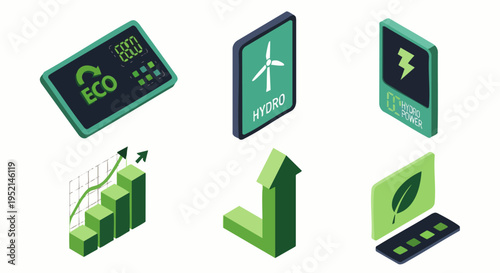 Set of isometric icons representing green energy, sustainability, renewable resources, and economic growth